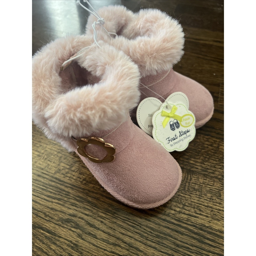 First Steps Stepping Stones Faux Fur Pink Boot Booties Size 6